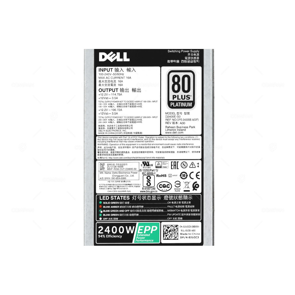 J1CC3 DELL POWER SUPPLY 2400W 80 PLUS PLATINUM FOR R940 G14 0J1CC3, D2400E-S0, DPS-2400BB